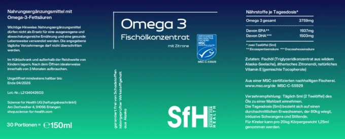 Omega 3 Öl Label im neuen Design. Oben Dunkelblau beginnend und unten ins strahlend grün Verlaufende. Die Schrift ist weiß.