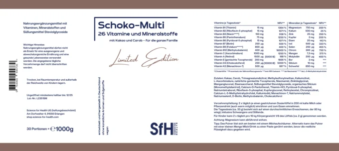 Weißes Etikett mit dunkelblauer Beschriftung. Limited Edition und breiter, mittelbrauner Rand oben und unten um die Geschmacksrichtung Schoko damit hervorzuheben.