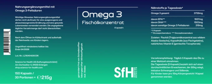 Label des Omega 3 Fischölkonzentrats. Oben dunkelblau und nach unten ins mitelgrün verlaufende mit weißer Beschriftung