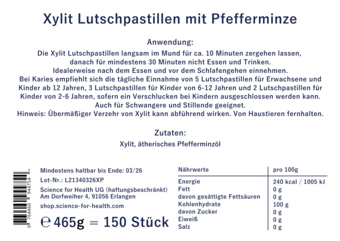 Rückseite mit Informationen für Xylit Lutschtabletten - Pfefferminze. Weißes Etikett mit blauer Schrift.