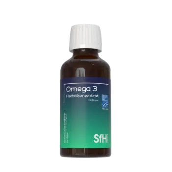 Omega 3 Fischölkonzentrat in einer Braunglasflasche mit weißem Deckel. Das Etikett ist oben dunkelblau und verläuft nach unten in ein strahlendes grün. Die Beschriftung ist weiß.