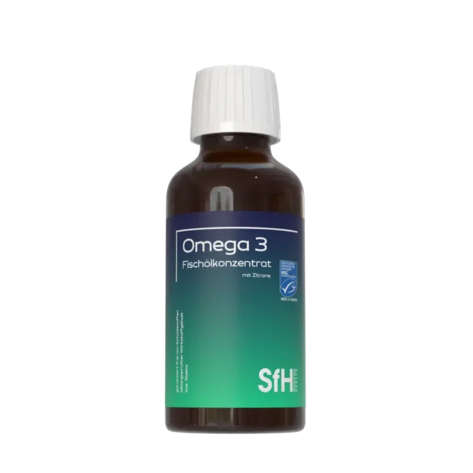 Omega 3 Fischölkonzentrat in einer Braunglasflasche mit weißem Deckel. Das Etikett ist oben dunkelblau und verläuft nach unten in ein strahlendes grün. Die Beschriftung ist weiß.