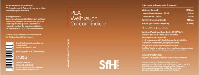 PEA-Weihrauch-Curcuminoide-Etikett mit weißer Schrift auf braunem Verlauf.